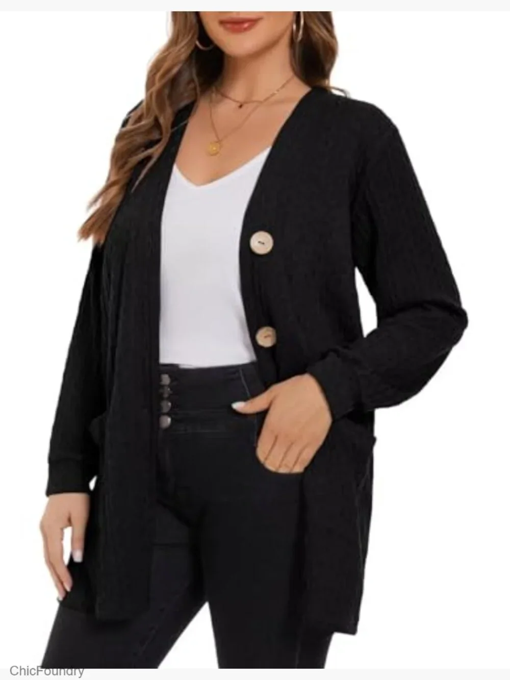 Plus Size Cable Knit Cardigan with Pockets Open Front Long Sleeve Sweater - Picture 2 of 7